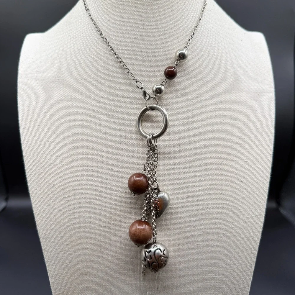 Silver Tone Brown Bead Tassel Necklace Heart Charm Circle Pendant Boho Jewelry